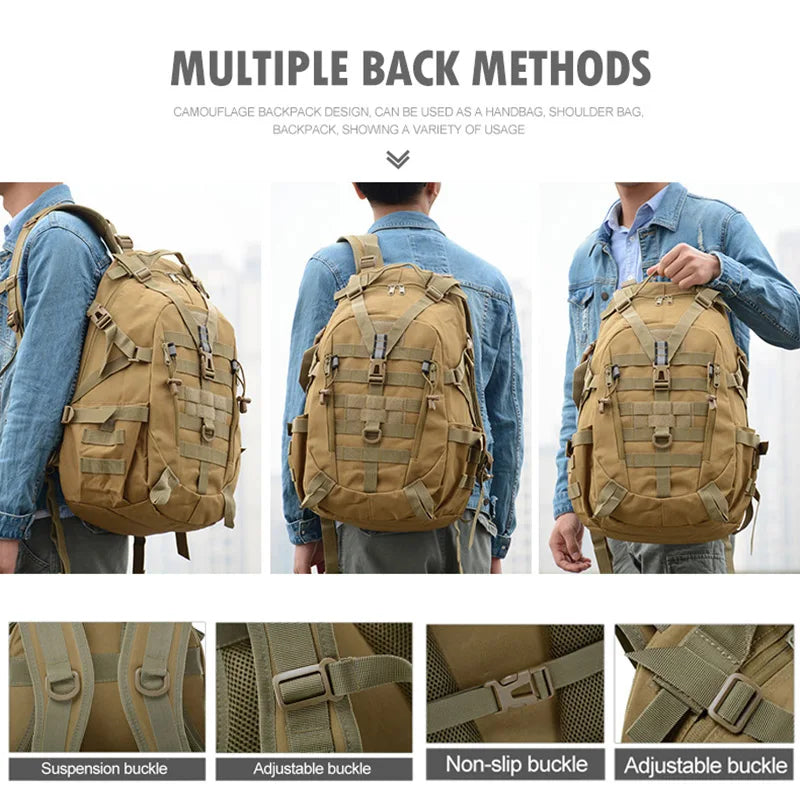 40L Tactical Camping Backpack Waterproof Molle Khaki-4